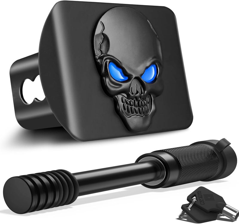 OGYE Metal Skull 3D Emblem Hitch Cover Fits 2" Receivers(with 5/8" Pin Dia Anti-Theft Trailer Hitch Lock,Blue Eye) - Image 1